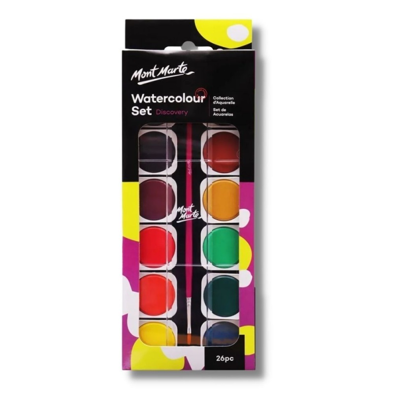 Acuarele Mont Marte PMHS0024, Watercolours, 26 culori + pensula + tub alb, pastila 30mm