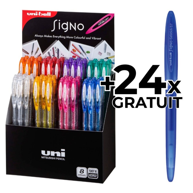 Display 48x Pix cu gel Uni-ball Signo Sparkling UM-120SP, 0.7mm, diverse culori cu sclipici