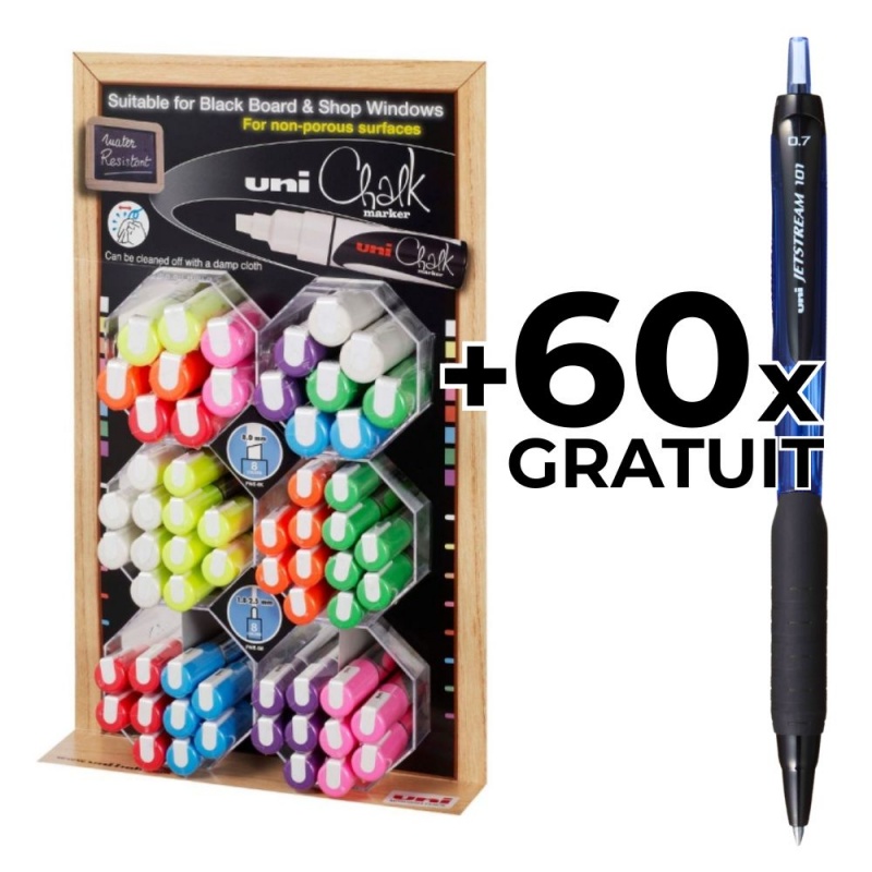 Display 60x Marker creta UNI Chalk, 16x PWE-8K, 44x PWE-5M, diverse culori