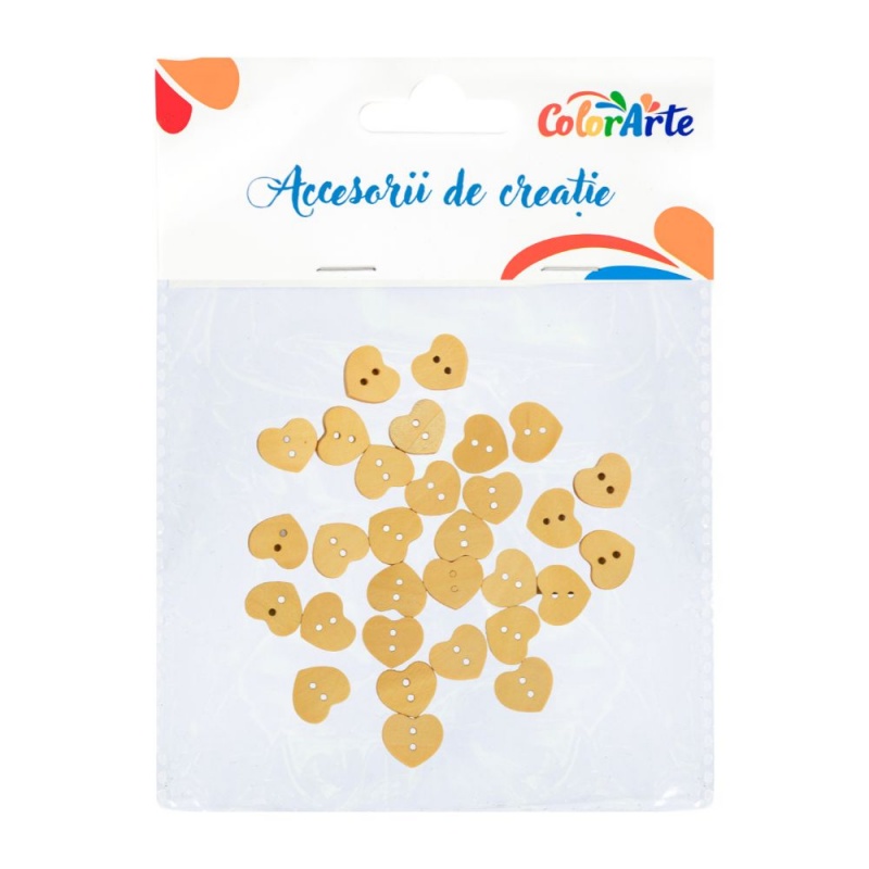 Accesorii creatie - lemn - nasturi, 14x15mm, inima, set 30 buc, Colorarte MTCR-WDY031