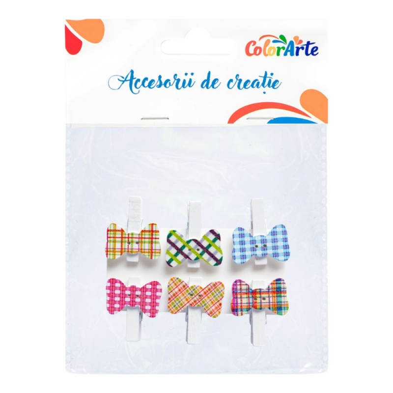 Accesorii creatie - lemn - carlig colorat papion, 10x8cm, set 6 buc, Colorarte MTCR-WDC151