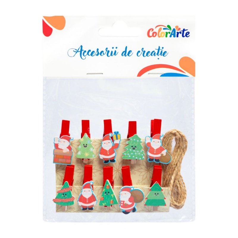 Accesorii creatie - lemn - carlig colorat Craciun, 85x104mm, set 10 buc, Colorarte MTCR-WDC699