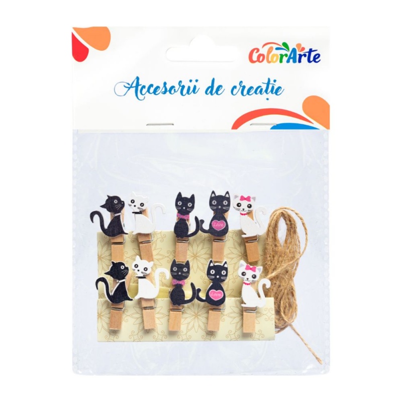 Accesorii creatie - lemn - carlig colorat pisici, 95x104mm, set 10 buc, Colorarte MTCR-WDC710