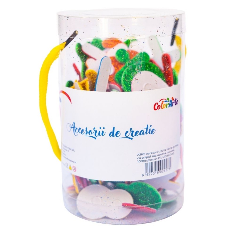 Forme decorative - hartie gumata autoadeziva - numere / figuri, diverse culori, cu sclipici, set 100 buc, Colorarte, MTCR