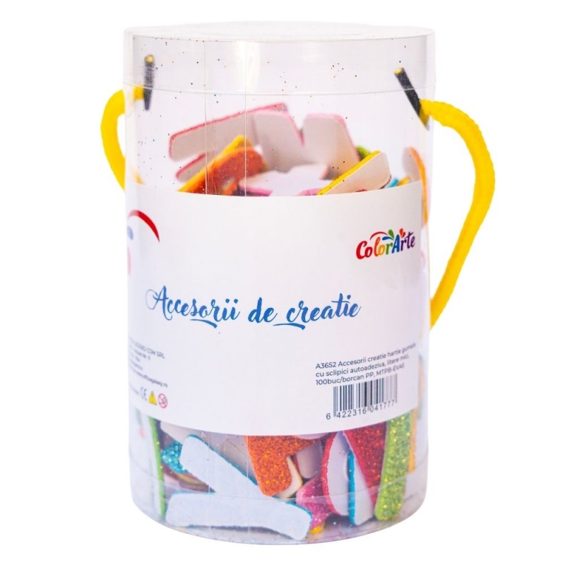 Forme decorative - hartie gumata autoadeziva - litere mici, diverse culori, cu sclipici, set 100 buc, Colorarte, MTCR-EVA5