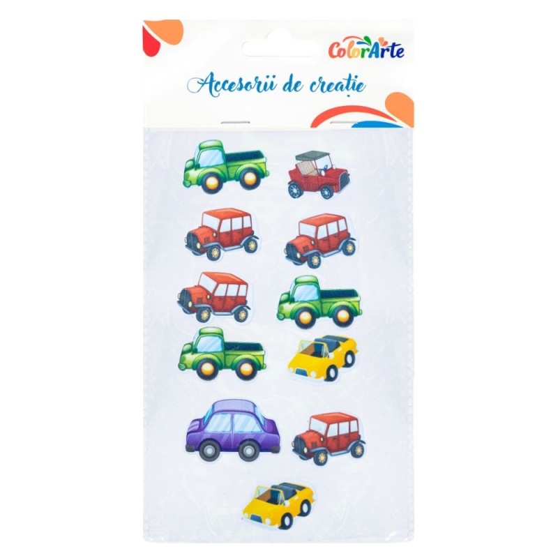 Forme decorative - hartie gumata autoadeziva - masini diverse, Colorarte, MTCR-EA704, set 11 buc