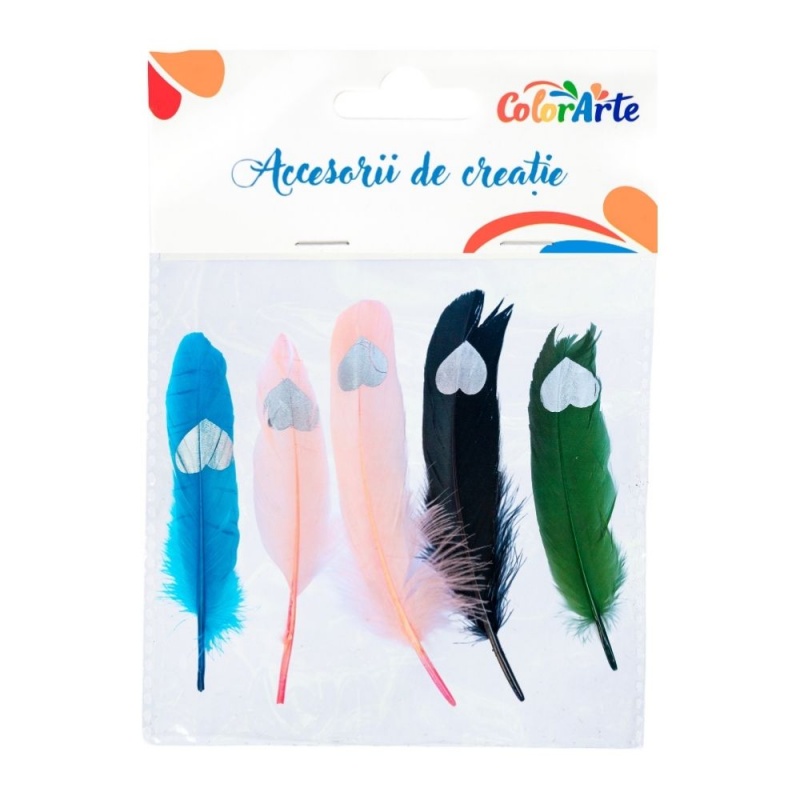 Accesorii creatie - pene cu model inima, 17-20cm, set 4 buc, Colorarte MTCR-FE026