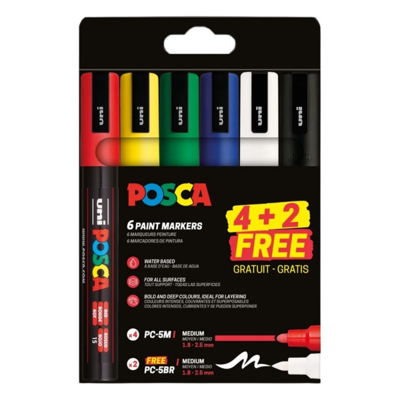 Marker UNI Posca 4+2 Gratuit: PC-5M 4P + PC-5BR 2P