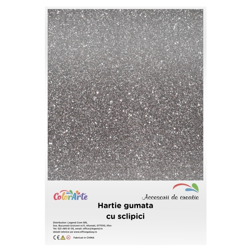Hartie gumata cu sclipici A4, 2mm, negru, set 10 coli, Colorarte