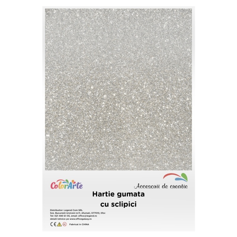 Hartie gumata cu sclipici A4, 2mm, argintiu, set 10 coli, Colorarte