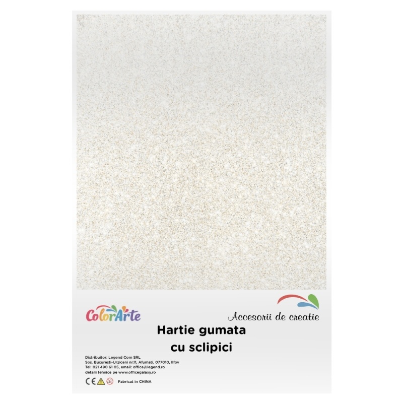 Hartie gumata cu sclipici A4, 2mm, alb, set 10 coli, Colorarte