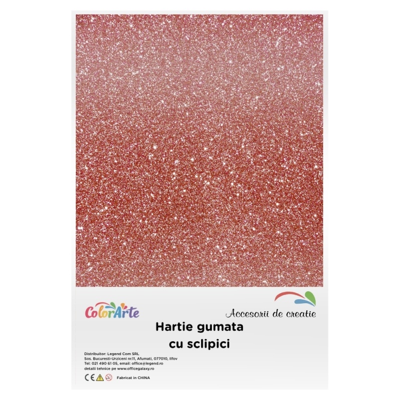 Hartie gumata cu sclipici A4, 2mm, rosu Craciun, set 10 coli, Colorarte