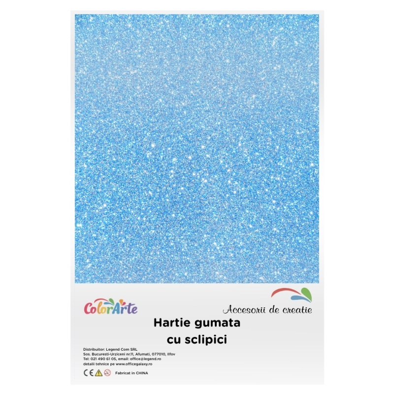 Hartie gumata cu sclipici A4, 2mm, albastru deschis, set 10 coli, Colorarte