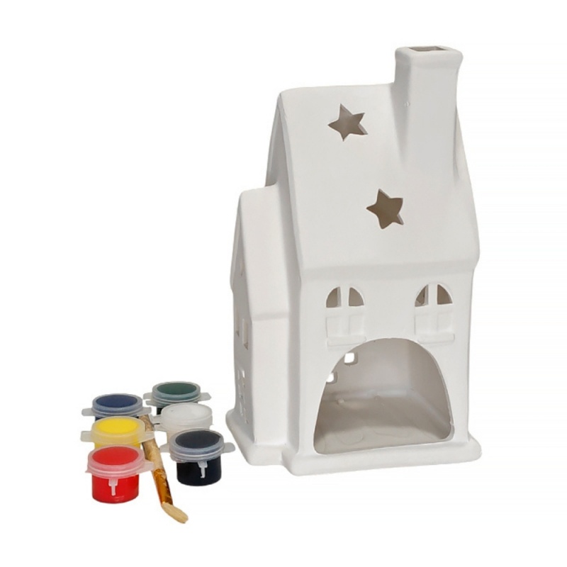 Accesorii creatie ceramica suport lumanare - casuta, pentru pictat / colorat + 6 culori si pensula, Colorarte BS2624