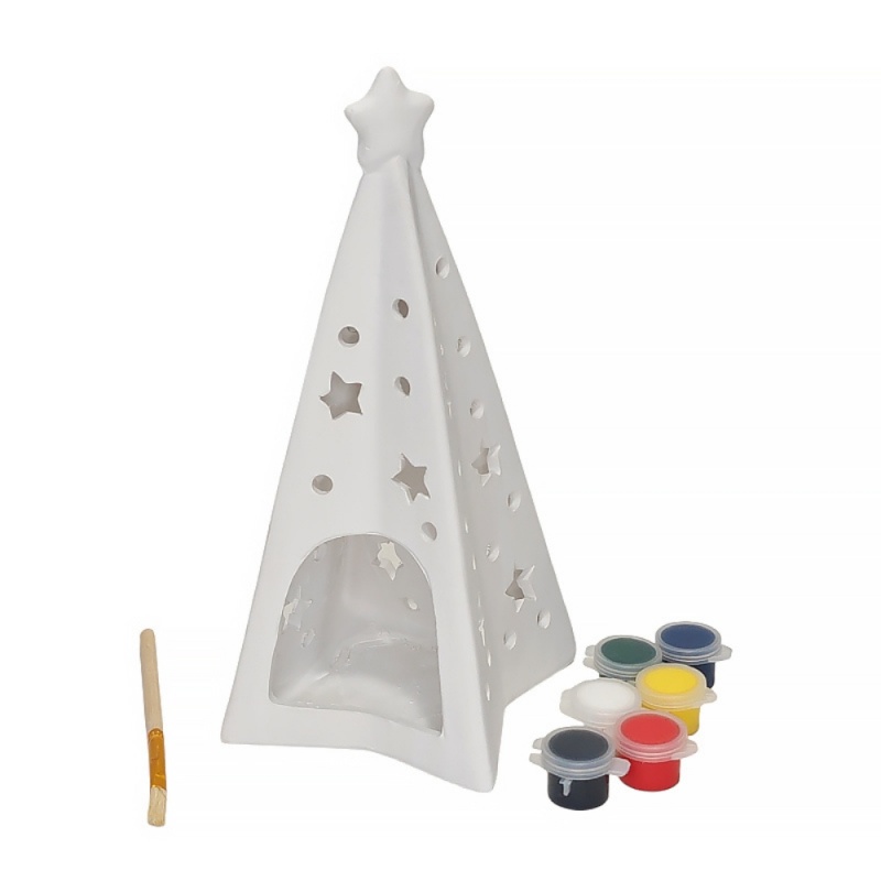 Accesorii creatie ceramica suport lumanare - forma brad, pentru pictat / colorat + 6 culori si pensula, Colorarte BS3016