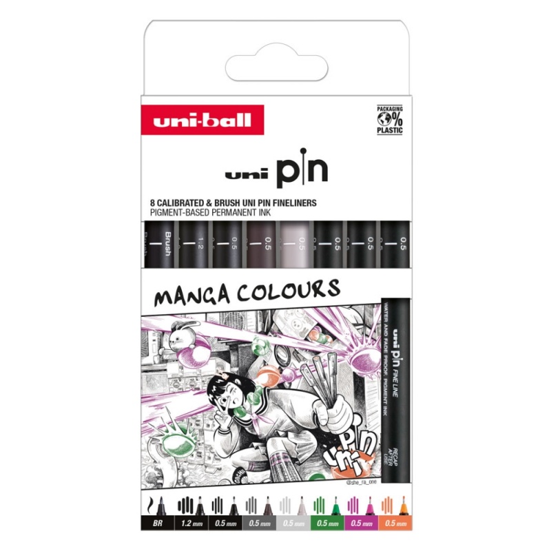 Set UNI PIN Manga, 8 linere 0.5/1.2/BR mm, pe baza de apa, diverse culori