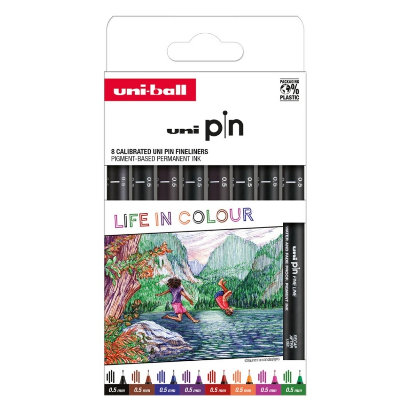Set UNI PIN LIFE IN COLOUR, 8 linere 0.5mm, pe baza de apa, diverse culori