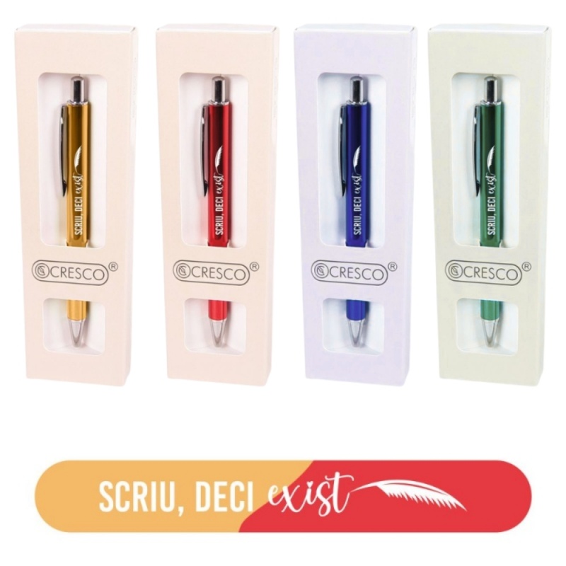 Pix cu bila Cresco, corp metalic, diverse culori, personalizat "Scriu, deci exist"