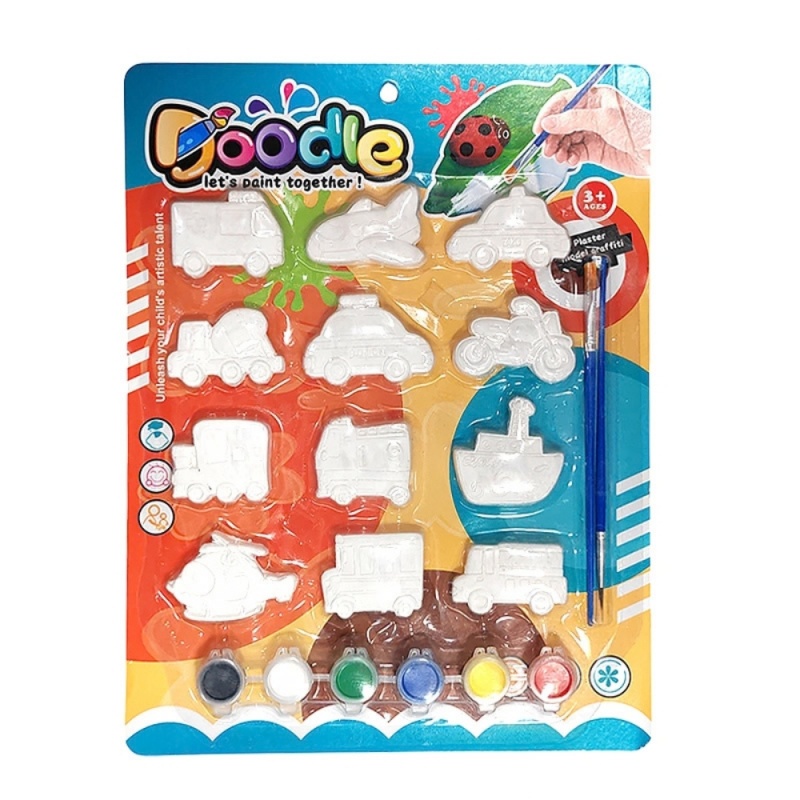 Accesorii creatie ipsos - figurina autovechicule, pentru pictat / colorat + 6 culori si 2 pensule, CNX 833, set 12 buc
