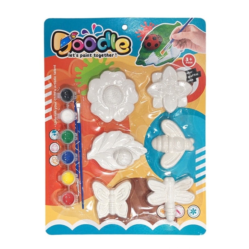 Accesorii creatie ipsos - figurina insecte/flori, pentru pictat / colorat + 6 culori si 2 pensule, CNX 839, set 6 buc