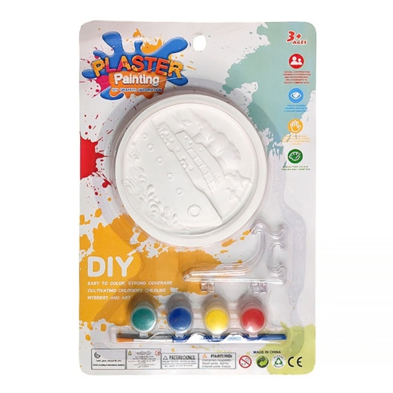 Accesorii creatie ipsos - figurina platou cu nava, pentru pictat / colorat + 4 culori si pensula, 11cm, CNX 8856