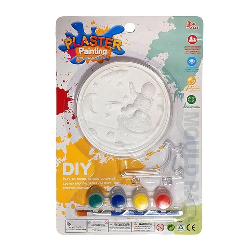 Accesorii creatie ipsos - figurina platou cu astronaut, pentru pictat / colorat + 4 culori si pensula, 11cm, CNX 8857