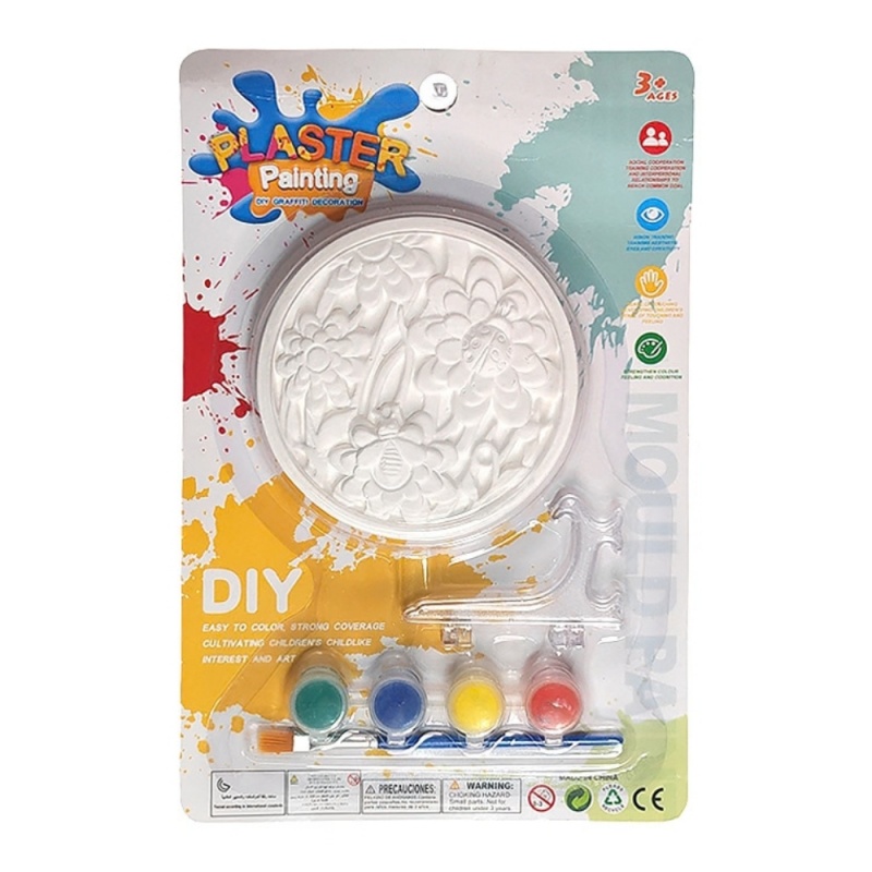 Accesorii creatie ipsos - figurina platou cu flori, pentru pictat / colorat + 4 culori si pensula, 11cm, CNX 8858