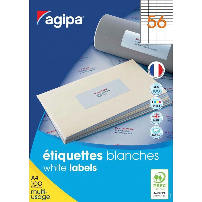 Etichete autocolante Agipa 101115/118992, 56/A4, 52.5x21.2mm, permanente, colturi drepte, alb, top 100 coli (5600 etichete)