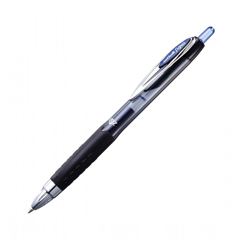 Pix cu gel Uni-ball Signo UMN-207, 0.7mm, cu mecanism, corp transparent, grip cauciucat, scris albastru, blister (+1 rezerva)