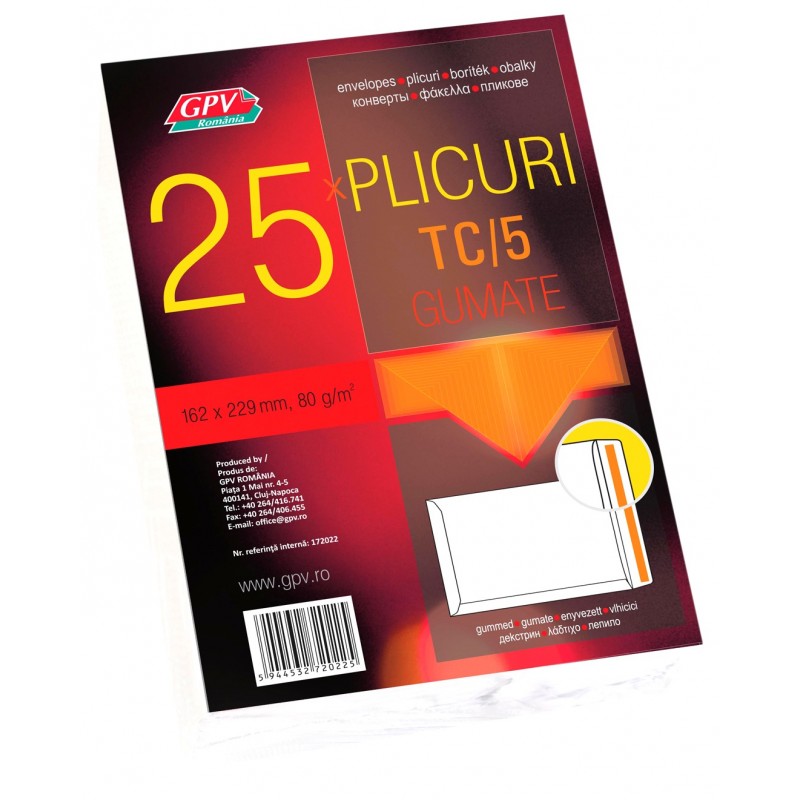 Plic standard C5T GPV 162022, alb, 80g/mp, 162x229mm, gumat, set 25 buc