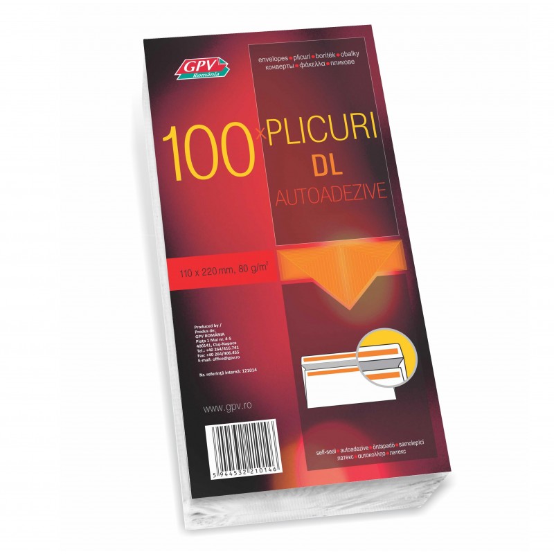 Plic standard DL GPV 121014, alb, 80g/mp, 110x220mm, autoadeziv, set 100 buc